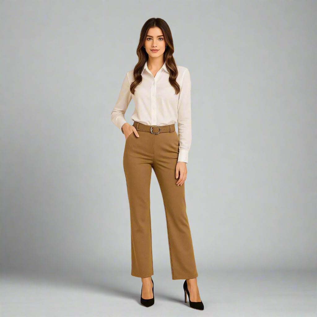 Дамски панталон с колан в цвят камел | колекция есен-зима 6Sense