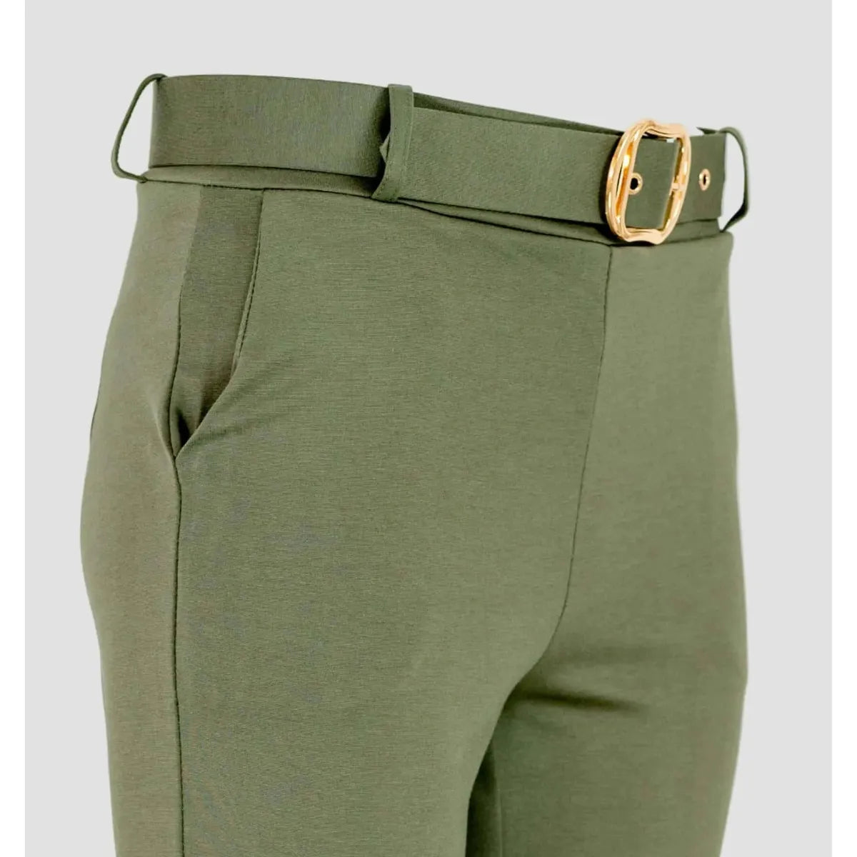 Дамски панталон с колан във войнишко зелено | колекция Есен-Зима 6Sense