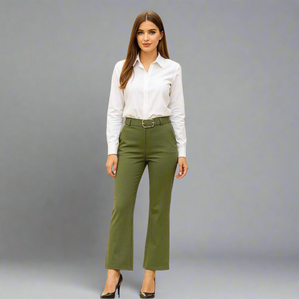 Дамски панталон с колан във войнишко зелено | колекция Есен-Зима 6Sense