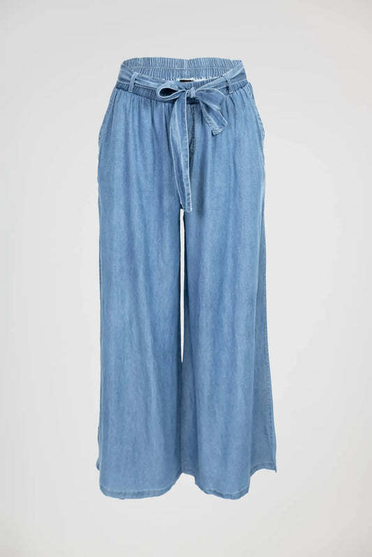 Дамски панталон с широки крачоли и висока талия – Light Denim-панталони-6Sense