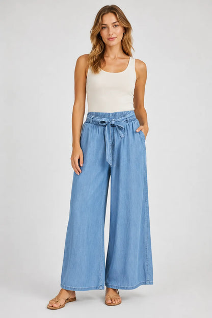 Дамски панталон с широки крачоли и висока талия – Light Denim-панталони-6Sense