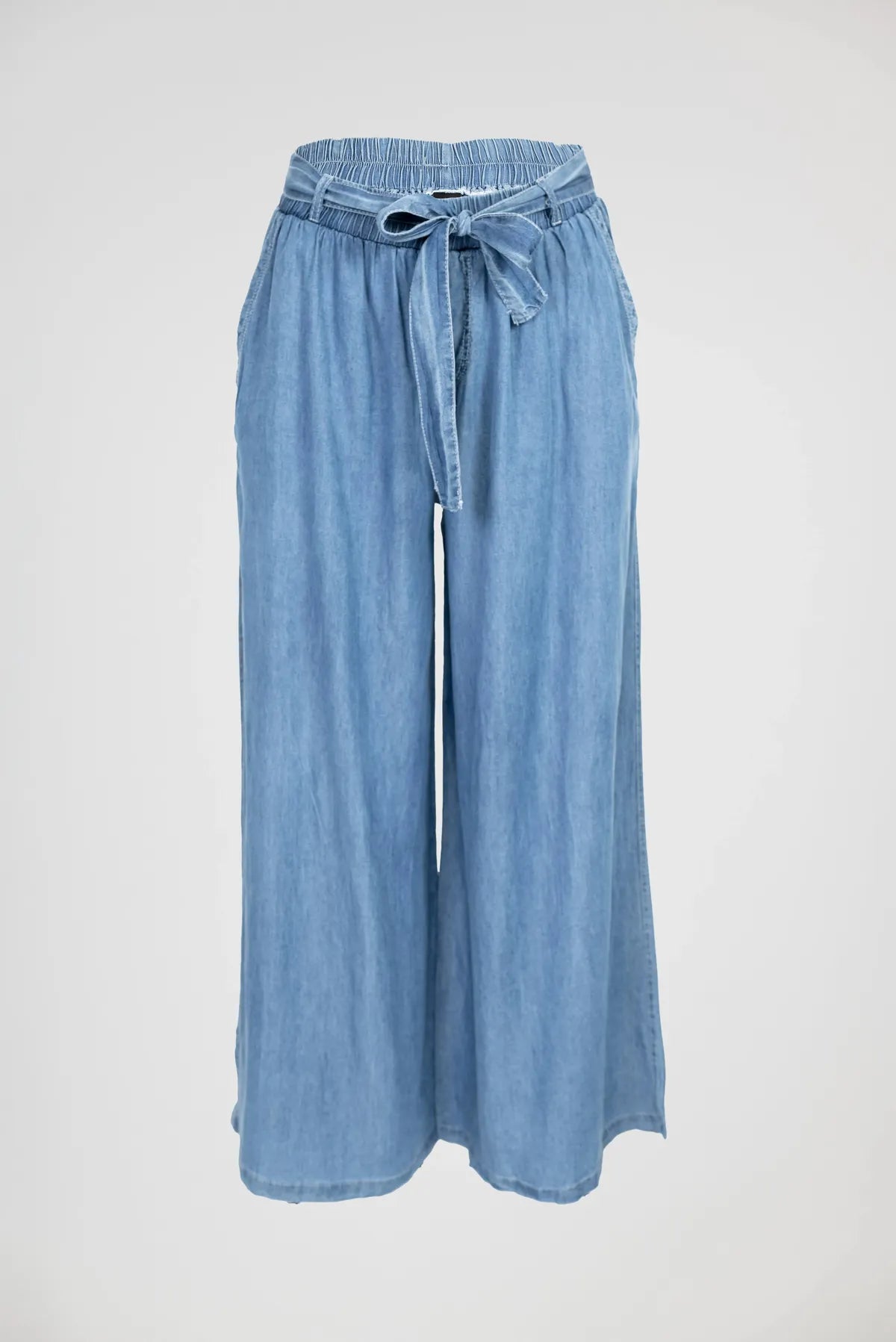 Дамски панталон с широки крачоли и висока талия – Light Denim-панталони-6Sense