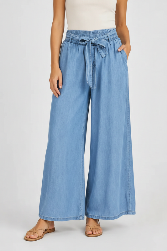 Дамски панталон с широки крачоли и висока талия – Light Denim
