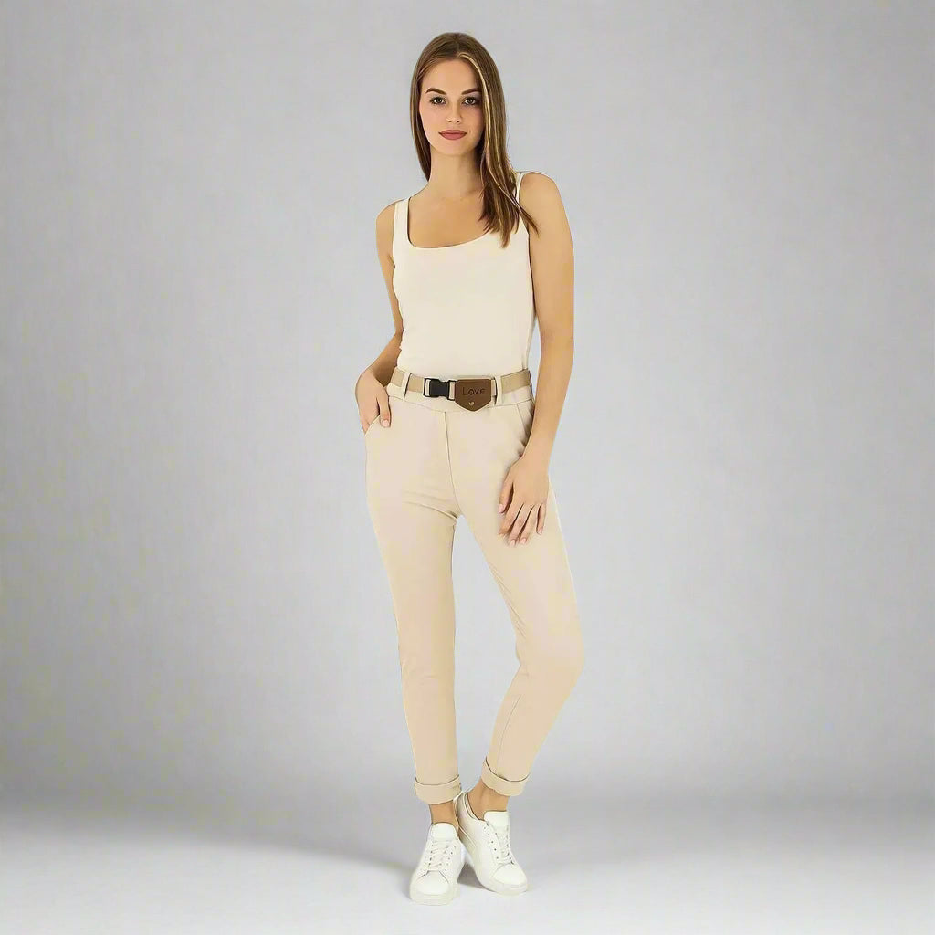 Капучино дамски панталони с колан Made with Love – Нежна елегантност с топъл акцент ☕✨ 6Sense