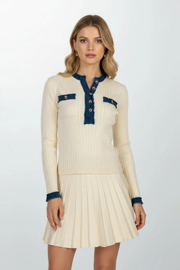 Дамски плетен комплект Ecru Classé - деним детайли и плисирана пола-комплекти-6Sense
