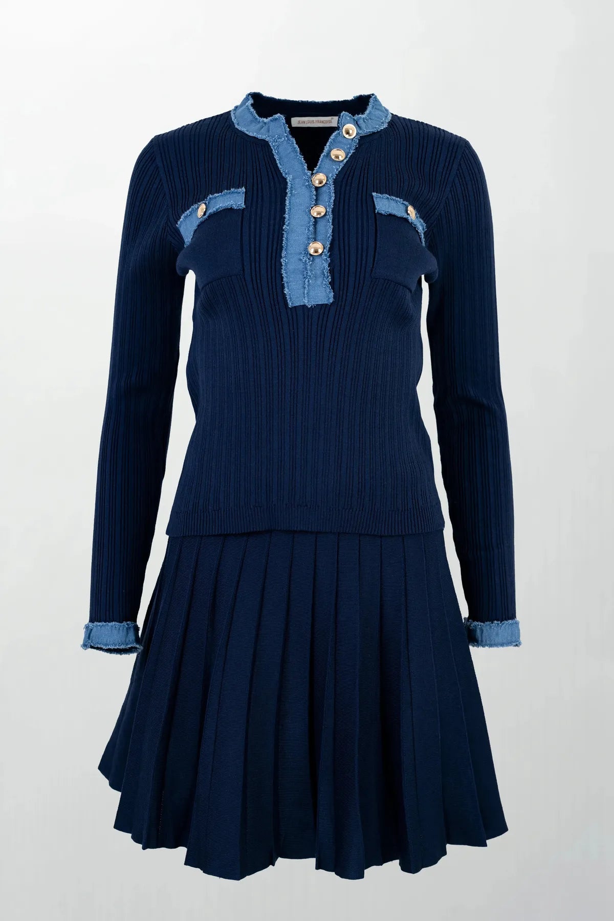 Дамски плетен комплект Marine Classé - рипс с деним акцент-комплекти-6Sense