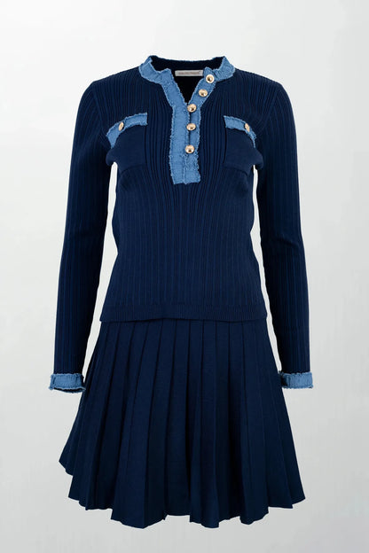 Дамски плетен комплект Marine Classé - рипс с деним акцент-комплекти-6Sense