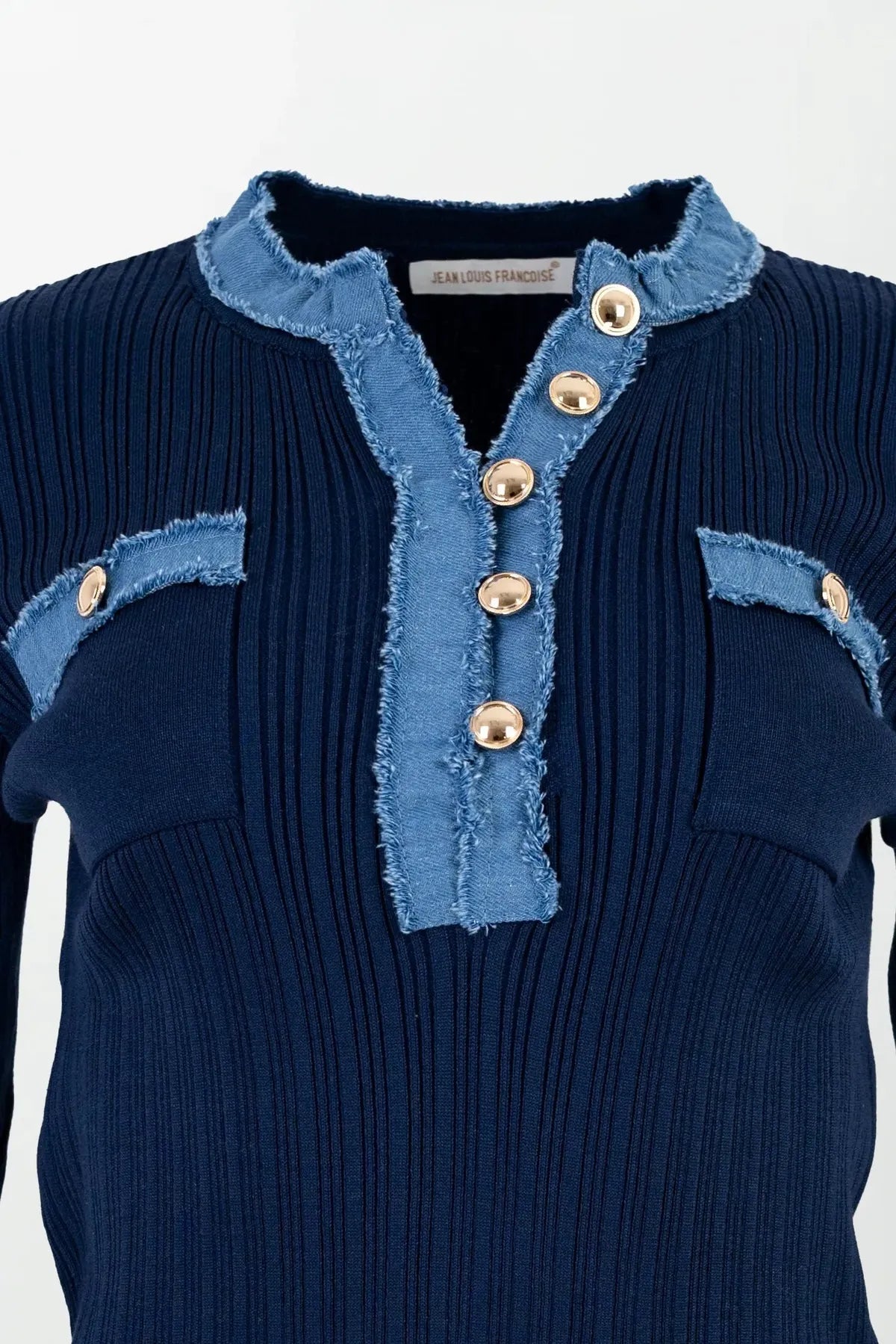 Дамски плетен комплект Marine Classé - рипс с деним акцент-комплекти-6Sense