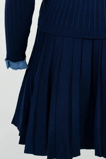 Дамски плетен комплект Marine Classé - рипс с деним акцент-комплекти-6Sense