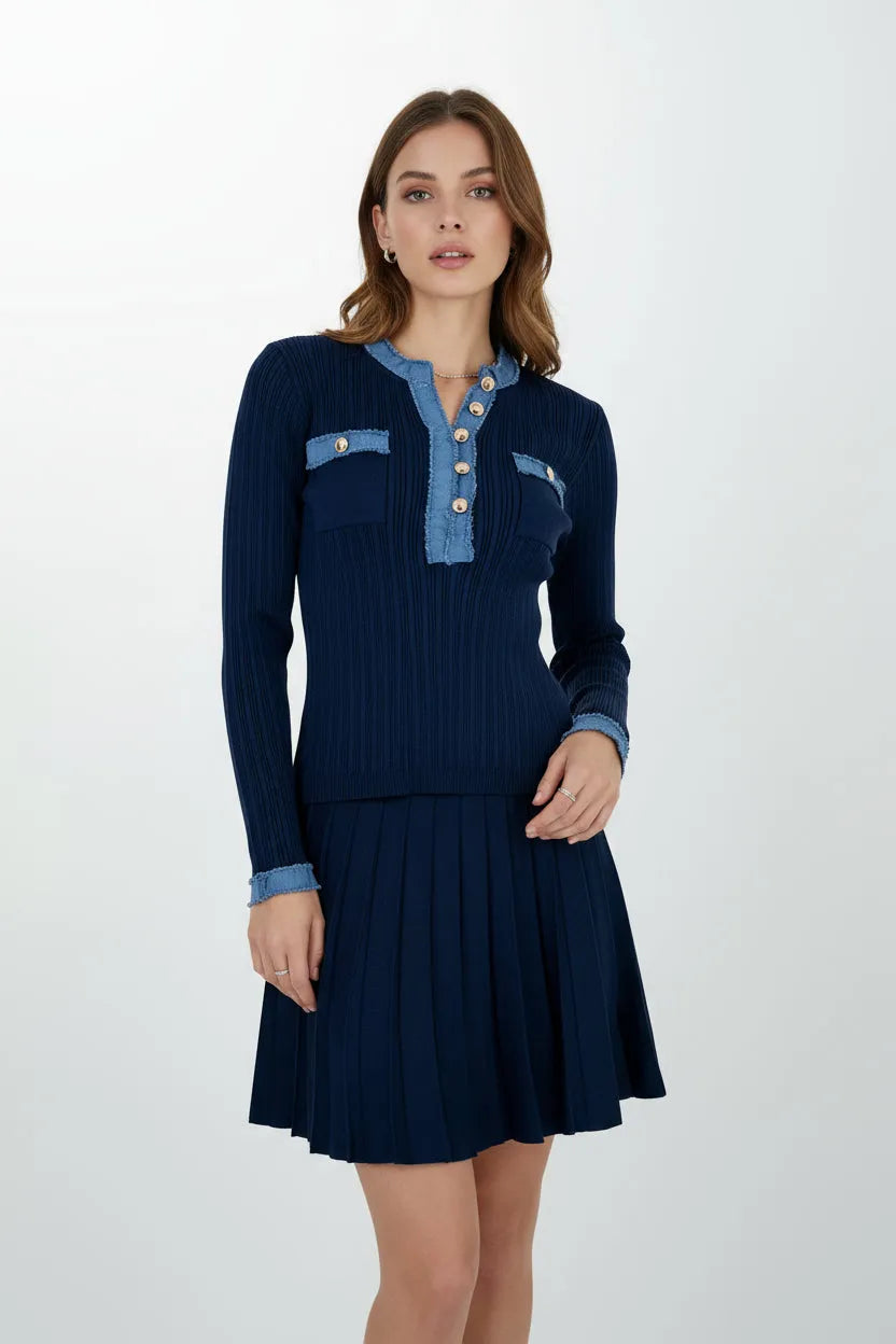 Дамски плетен комплект Marine Classé - рипс с деним акцент-комплекти-6Sense