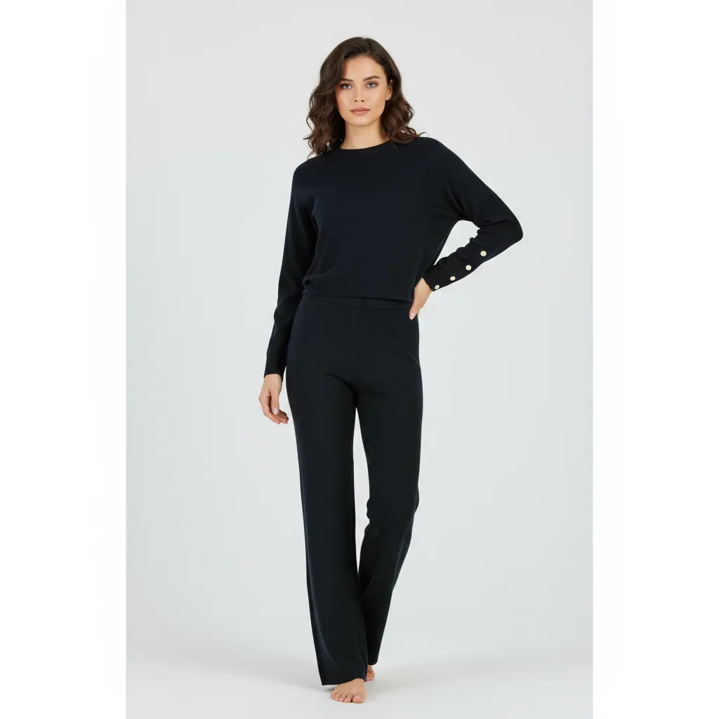 Дамски плетен комплект в черно - ефектни ръкави | колекция есен-зима-комплекти-6Sense