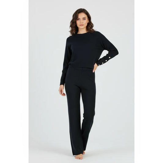 Дамски плетен комплект в черно - ефектни ръкави | колекция есен-зима-комплекти-6Sense