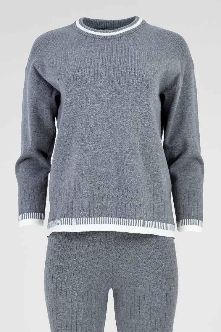 Дамски плетен рипсен комплект блуза и панталон - Sara-комплекти-6Sense