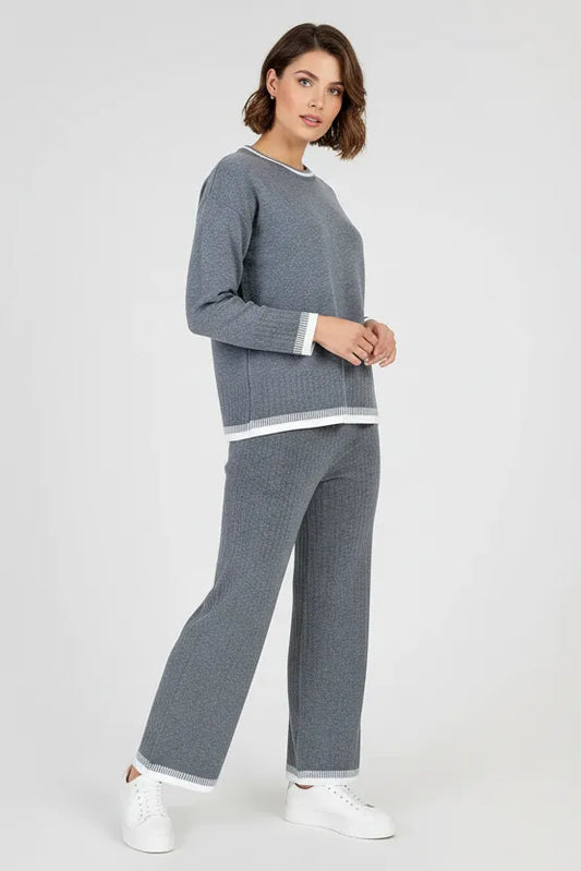 Дамски плетен рипсен комплект блуза и панталон - Sara-комплекти-6Sense
