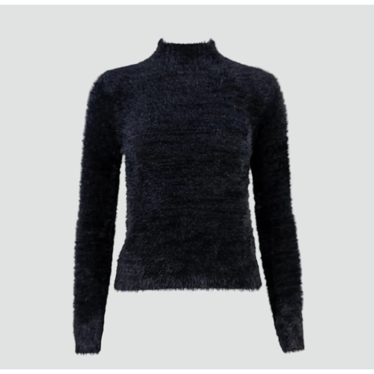 Дамски пухкав пуловер - полу-поло в черно | Колекция Есен–Зима-пуловери-6Sense