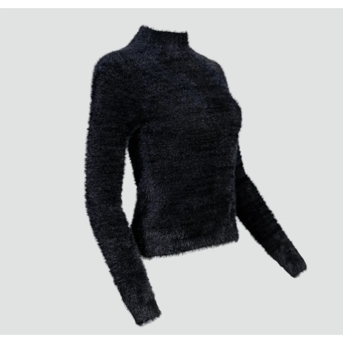 Дамски пухкав пуловер - полу-поло в черно | Колекция Есен–Зима-пуловери-6Sense