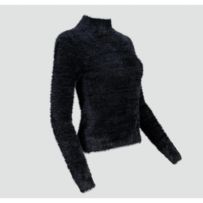 Дамски пухкав пуловер - полу-поло в черно | Колекция Есен–Зима-пуловери-6Sense