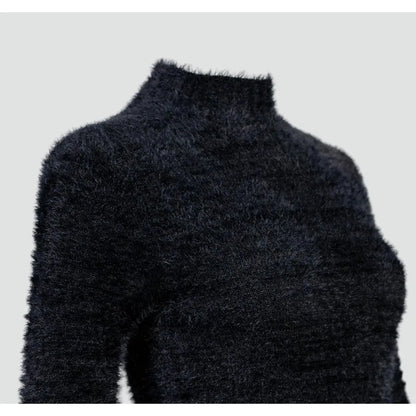 Дамски пухкав пуловер - полу-поло в черно | Колекция Есен–Зима-пуловери-6Sense