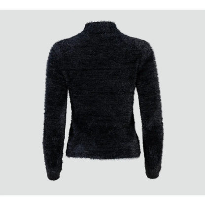Дамски пухкав пуловер - полу-поло в черно | Колекция Есен–Зима-пуловери-6Sense