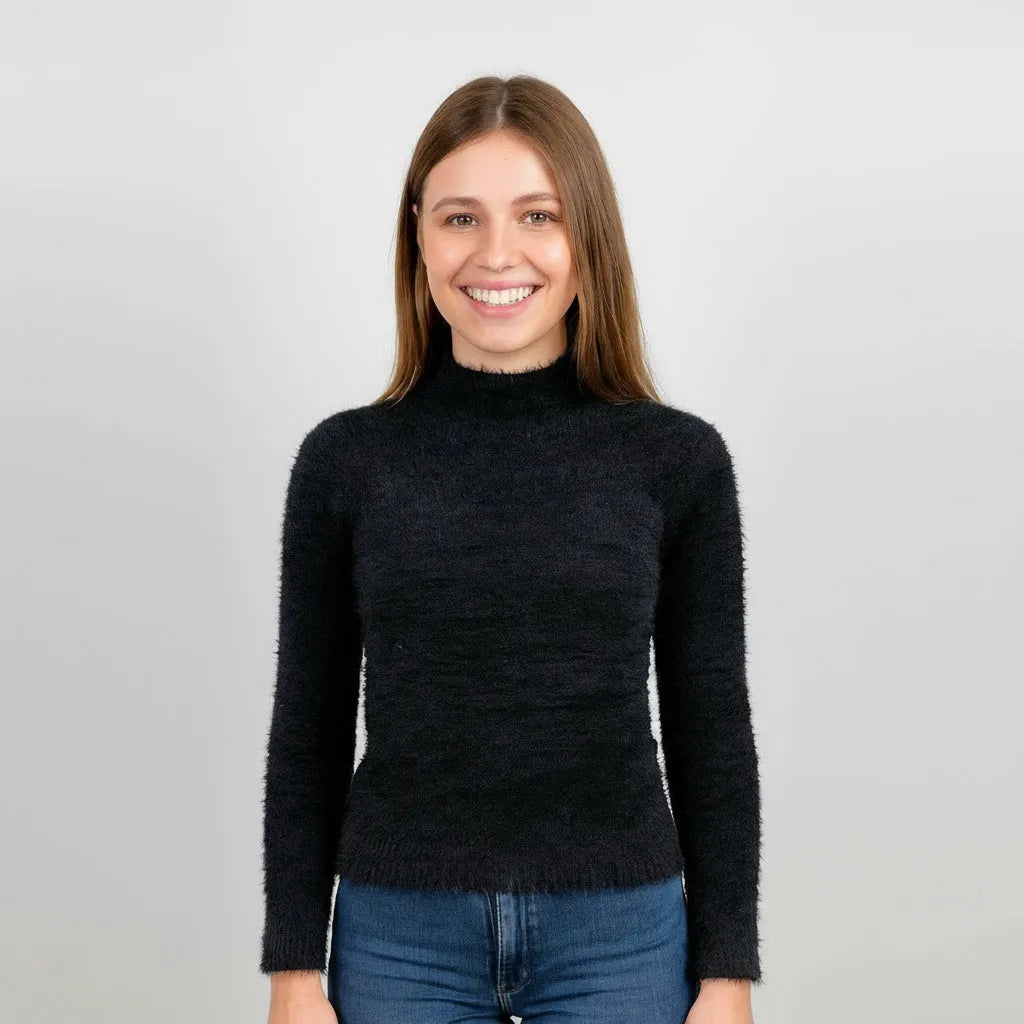 Дамски пухкав пуловер - полу-поло в черно | Колекция Есен–Зима-пуловери-6Sense