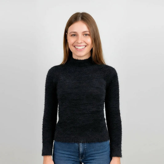 Дамски пухкав пуловер - полу-поло в черно | Колекция Есен–Зима-пуловери-6Sense