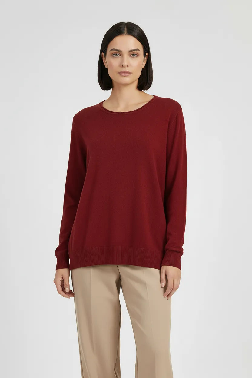 Дамски пуловер фино плетиво - тъмен керемиден - Essential Soft-пуловери-6Sense