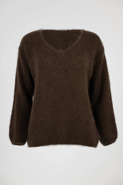 Дамски мохеров пуловер -кафяв - Choco Mohair-пуловери-6Sense