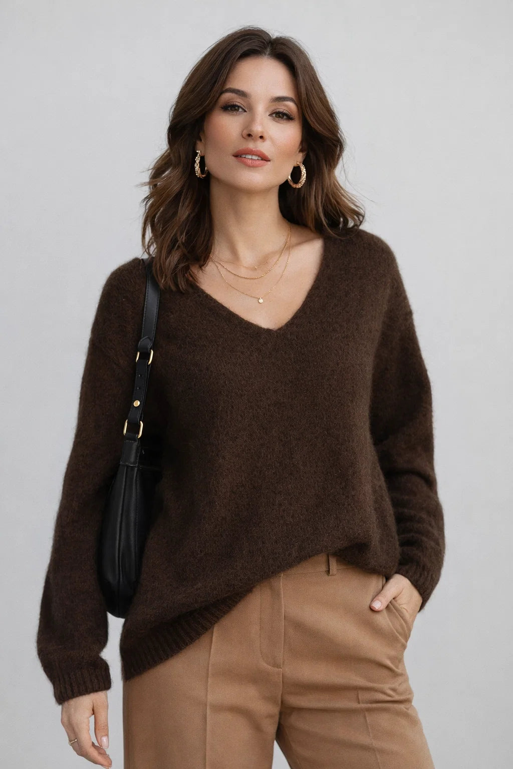 Дамски мохеров пуловер -кафяв - Choco Mohair-пуловери-6Sense