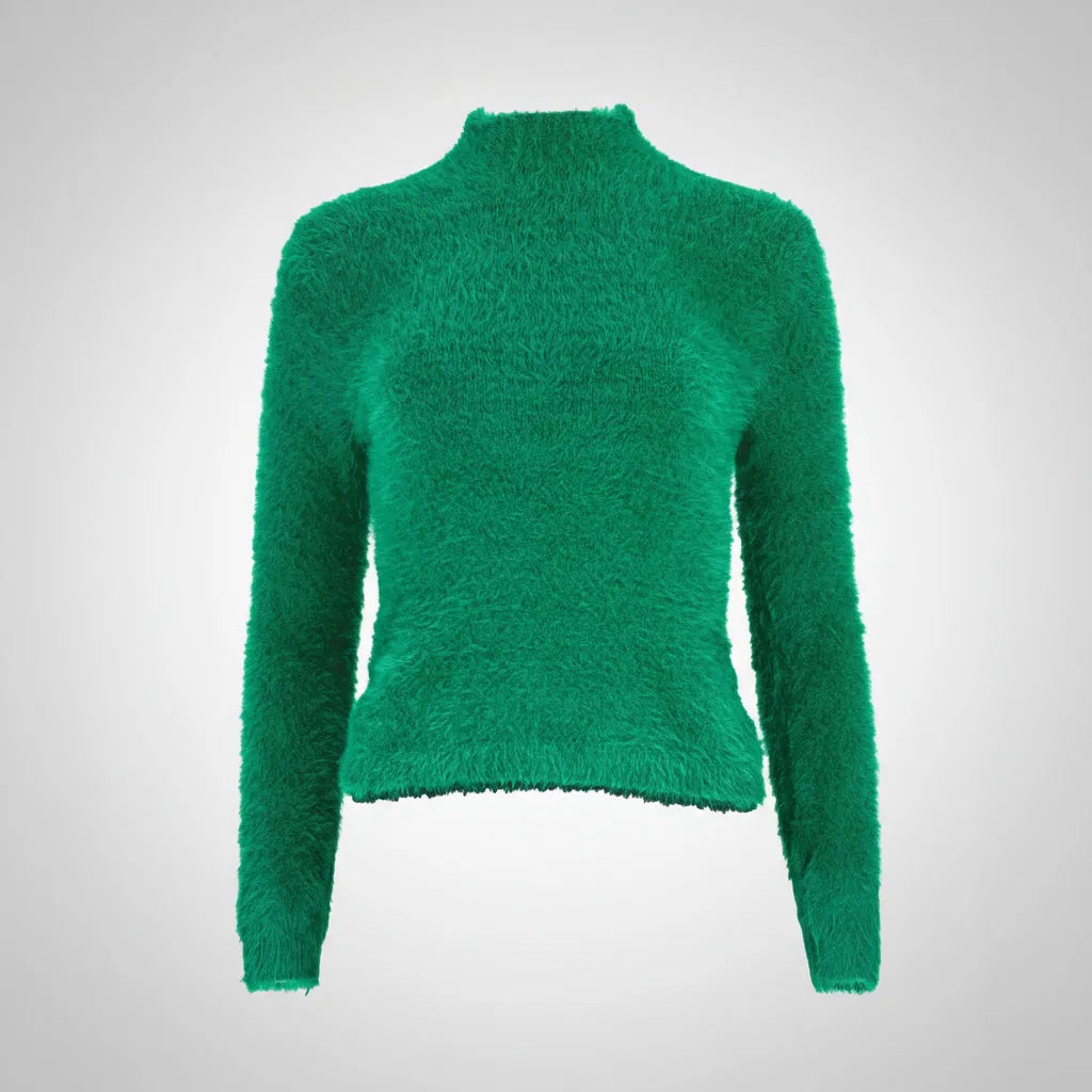 Дамски пуловер полу поло в зелено | Колекция Есен–Зима-пуловери-6Sense