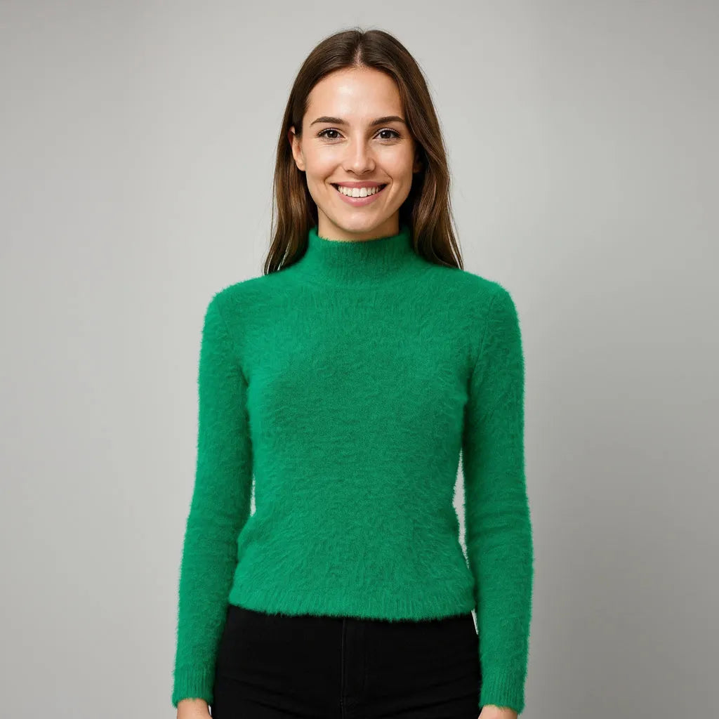 Дамски пуловер полу поло в зелено | Колекция Есен–Зима-пуловери-6Sense