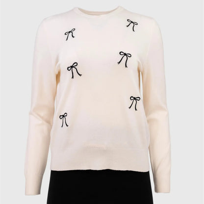 Дамски пуловер с бродирани панделки - eкрю | колекция есен-зима-пуловери-6Sense