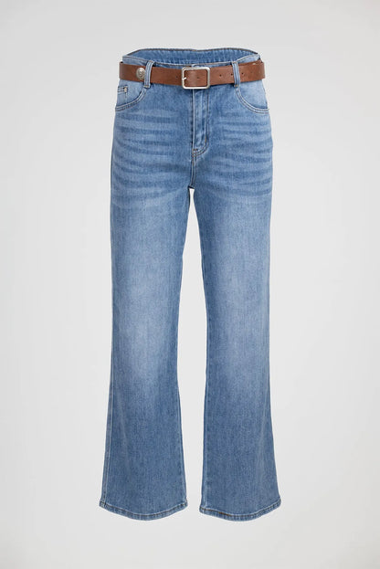 Дамски разкроени дънки с висока талия и колан - Blue Flare-дънки-6Sense