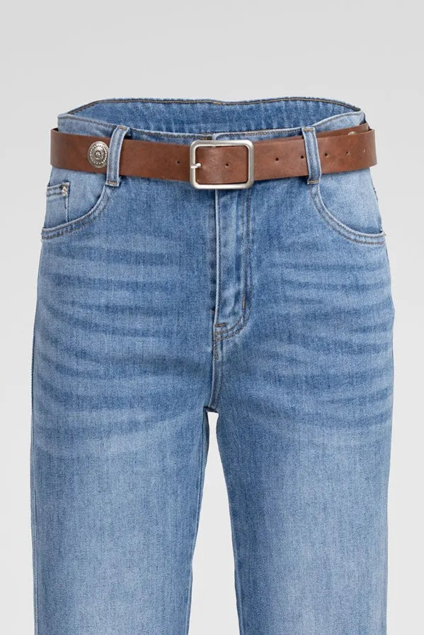 Дамски разкроени дънки с висока талия и колан - Blue Flare-дънки-6Sense