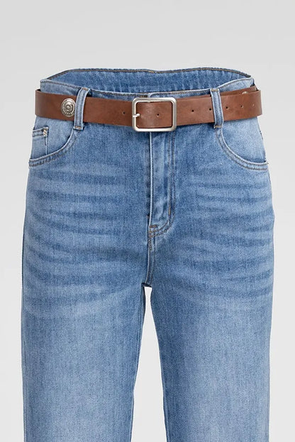 Дамски разкроени дънки с висока талия и колан - Blue Flare-дънки-6Sense