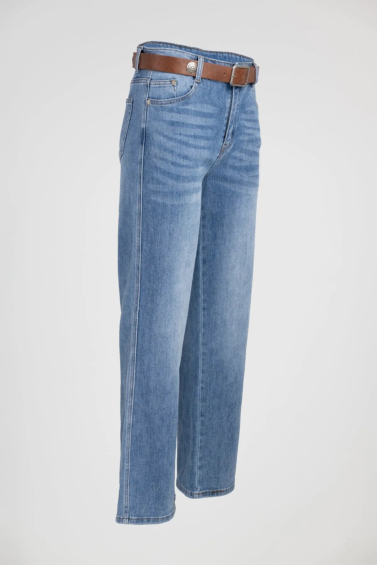 Дамски разкроени дънки с висока талия и колан - Blue Flare-дънки-6Sense