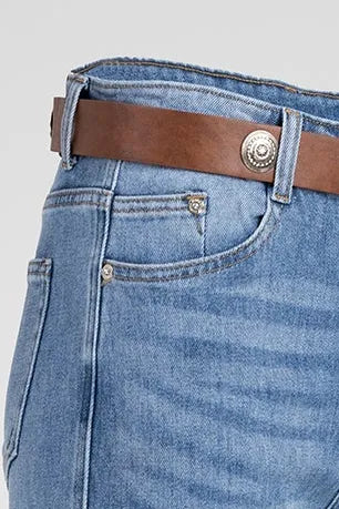 Дамски разкроени дънки с висока талия и колан - Blue Flare-дънки-6Sense