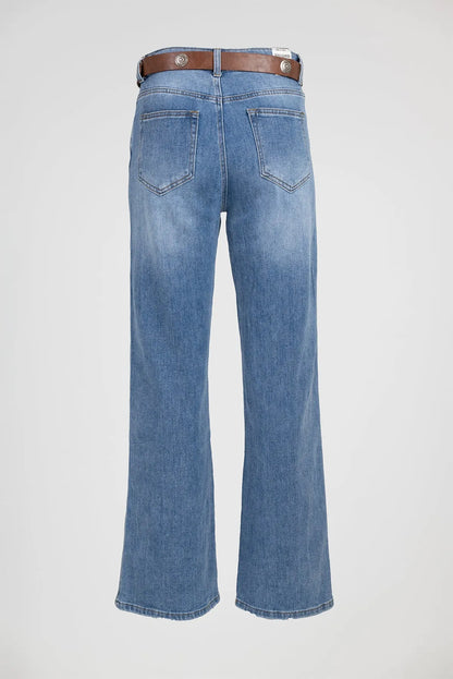 Дамски разкроени дънки с висока талия и колан - Blue Flare-дънки-6Sense