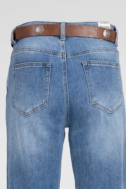 Дамски разкроени дънки с висока талия и колан - Blue Flare-дънки-6Sense