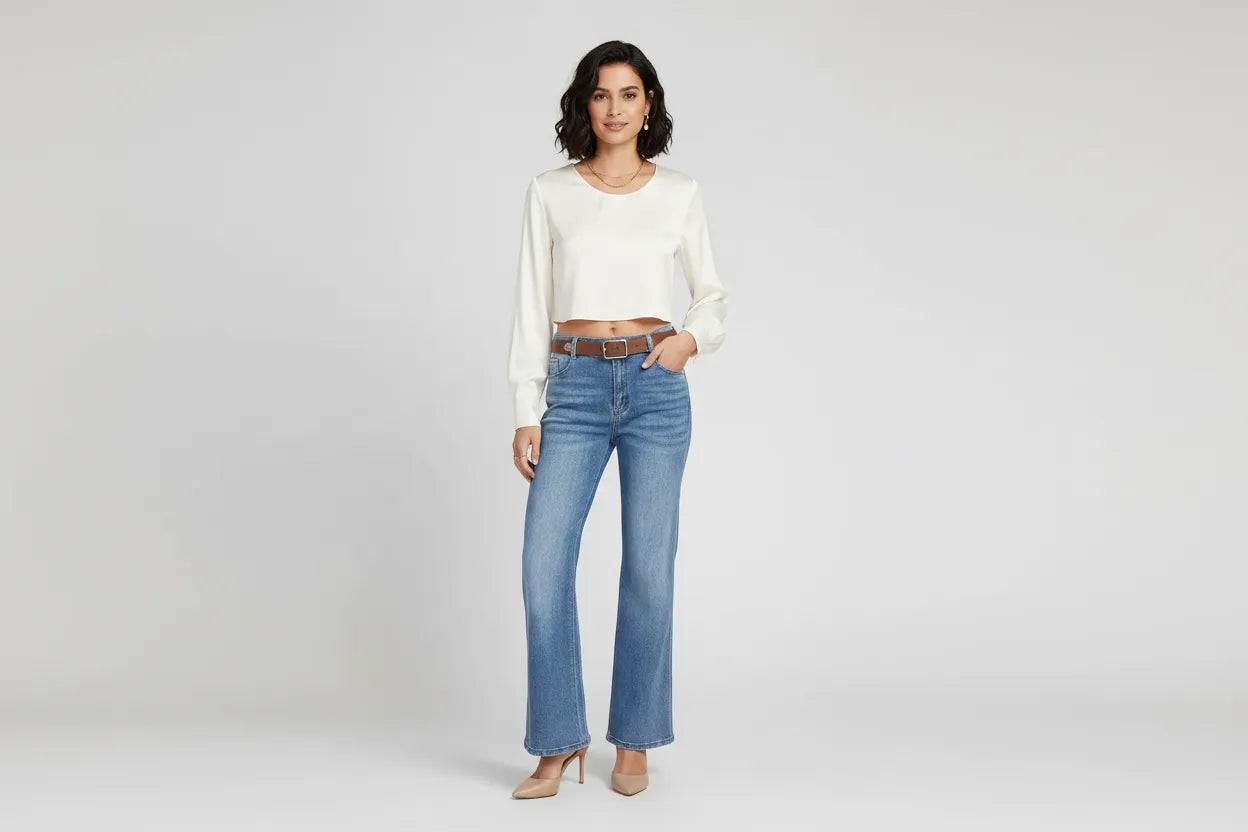 Дамски разкроени дънки с висока талия и колан - Blue Flare-дънки-6Sense