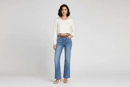 Дамски разкроени дънки с висока талия и колан - Blue Flare-дънки-6Sense