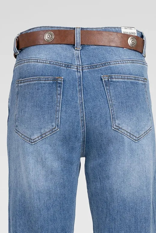 Дамски разкроени дънки с висока талия и колан - Blue Flare-дънки-6Sense