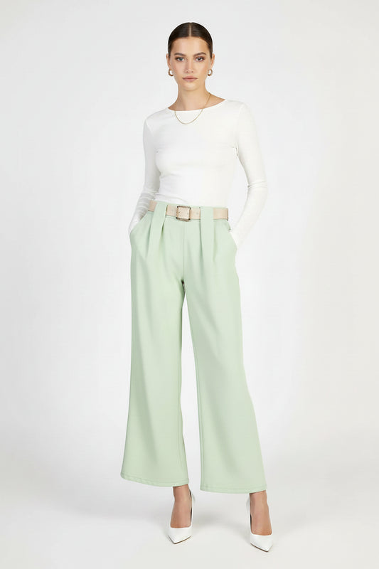 Дамски широк панталон - мента - Wide Leg-панталони-6Sense