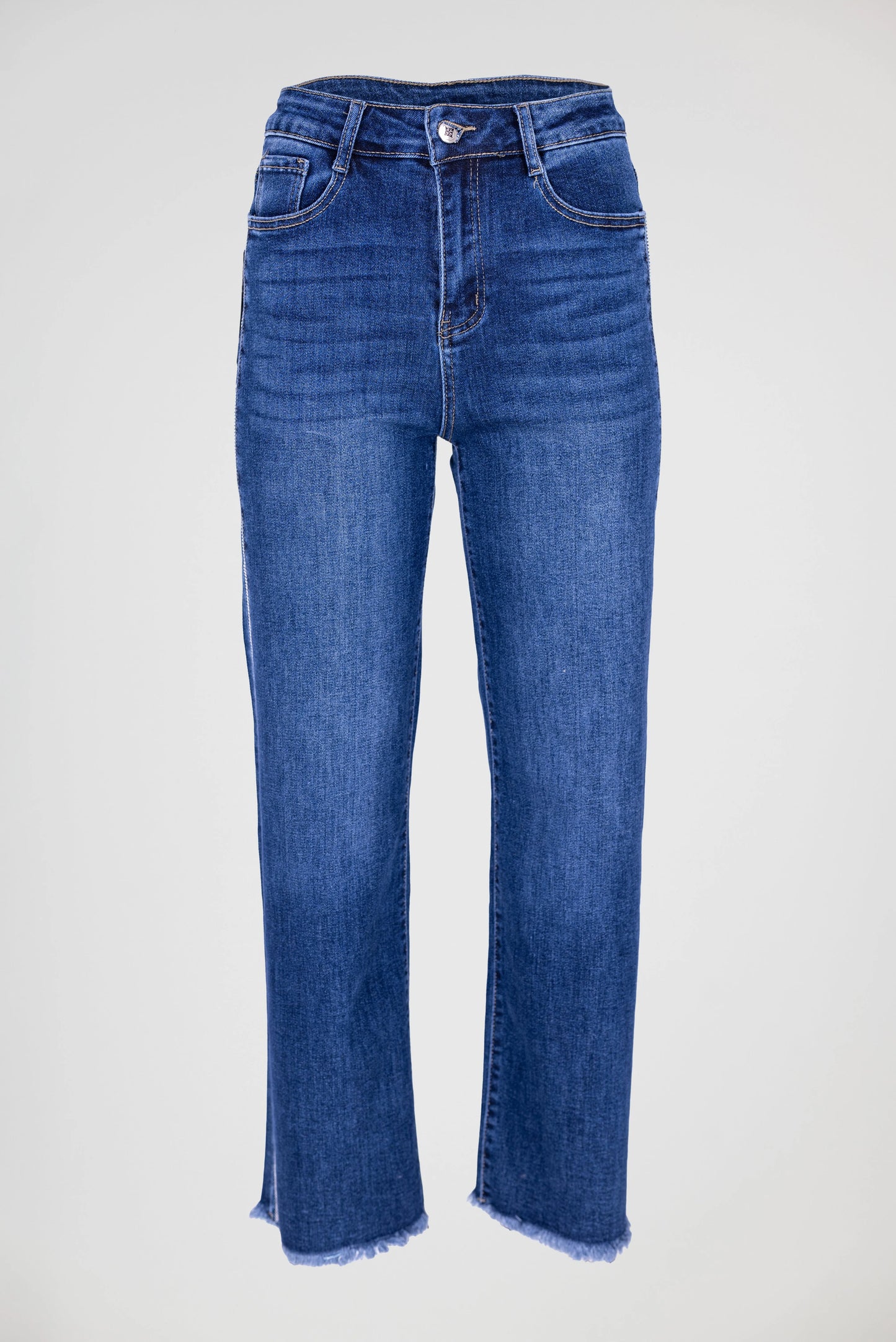 Дамски сини дънки с прав крачол и декоративна лента – Crystal Line на бял фон.