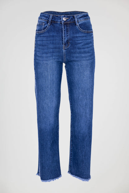 Дамски сини дънки с прав крачол и декоративна лента – Crystal Line на бял фон.