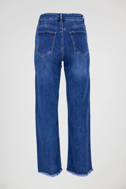 Дамски сини дънки с прав крачол и декоративна лента – Crystal Line-дънки-6Sense