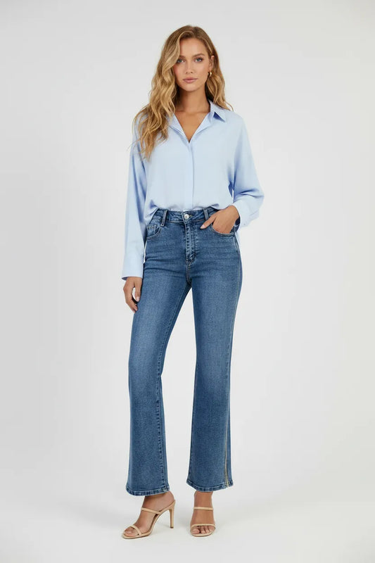Дамски сини дънки тип чарлстон с декоративен кант – Blue Flare Denim-дънки-6Sense