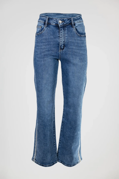 Дамски сини дънки тип чарлстон с декоративен кант – Blue Flare Denim-дънки-6Sense