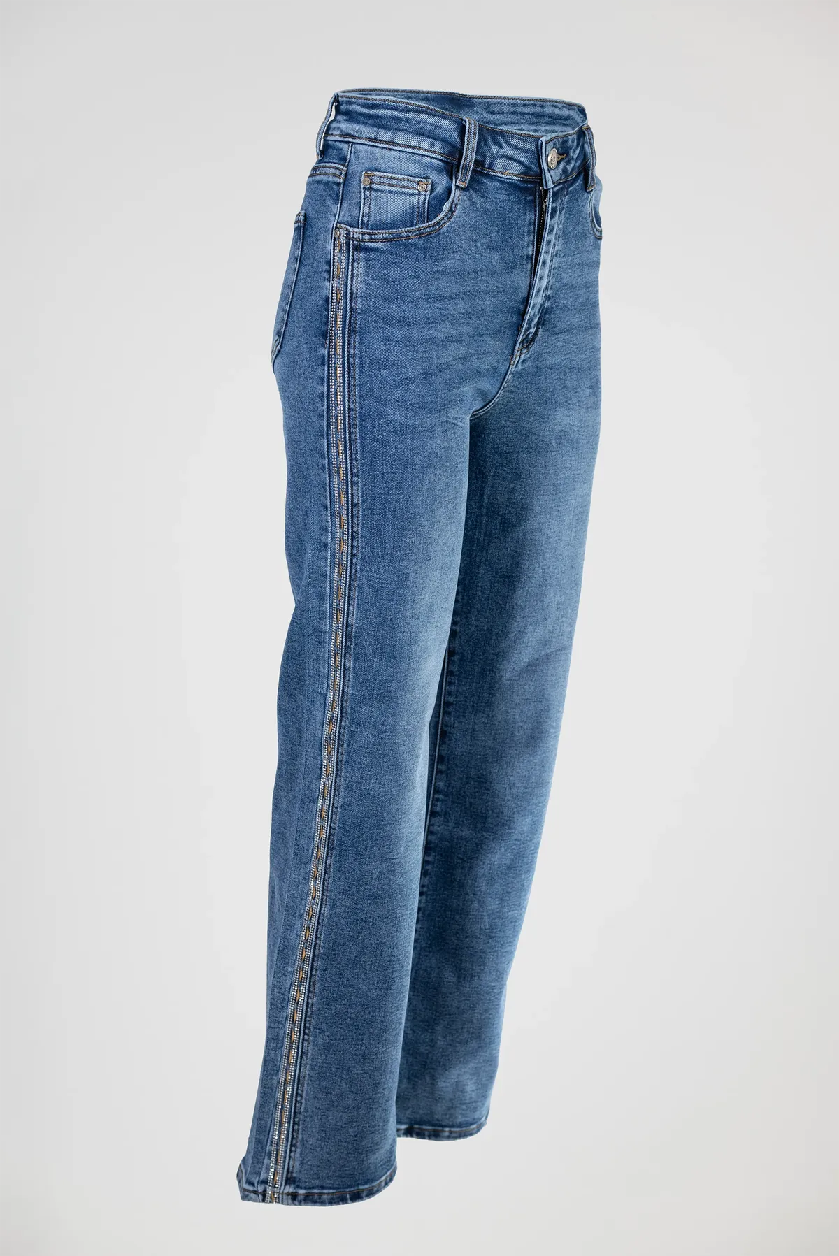 Дамски сини дънки тип чарлстон с декоративен кант – Blue Flare Denim-дънки-6Sense
