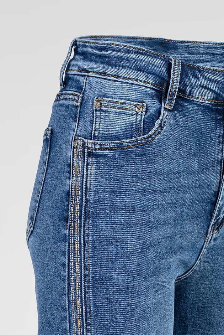 Дамски сини дънки тип чарлстон с декоративен кант – Blue Flare Denim-дънки-6Sense