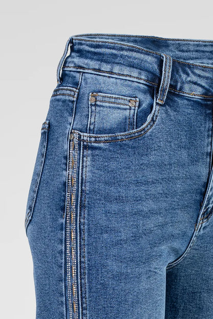 Дамски сини дънки тип чарлстон с декоративен кант – Blue Flare Denim-дънки-6Sense
